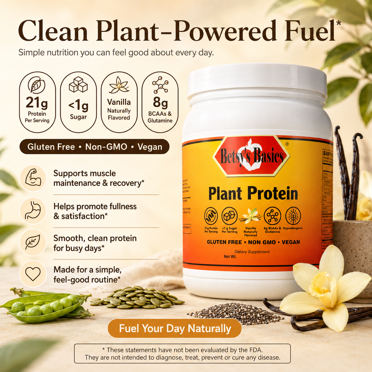 A jar of Betsi's Basics Plant Protein powder shown on a styled background with vanilla flowers, pea pods, and text callouts about clean plant-powered fuel. The product is a white plastic tub with a large orange label and white cap, set against a warm beige background with additional ingredient imagery.