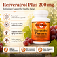 A bottle of Betsy's Basics Resveratrol Plus 200 mg dietary supplement capsules, shown on a decorative background with grapes, leaves, and informational text callouts about antioxidant support and health benefits.