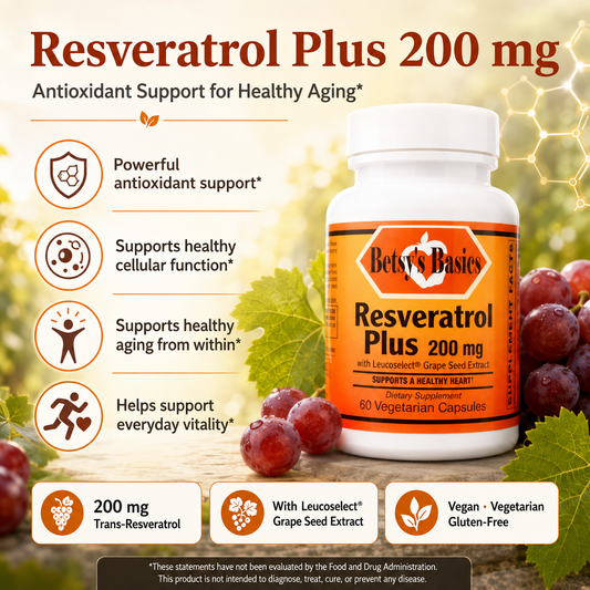 A bottle of Betsy's Basics Resveratrol Plus 200 mg dietary supplement capsules, shown on a decorative background with grapes, leaves, and informational text callouts about antioxidant support and health benefits.