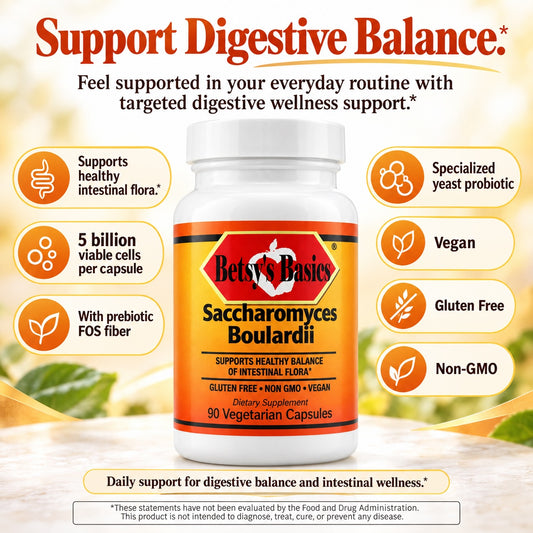 A bottle of Betsy's Basics Saccharomyces Boulardii dietary supplement centered on a warm beige background with promotional text and icons about digestive support, vegan, gluten free, and non-GMO qualities.