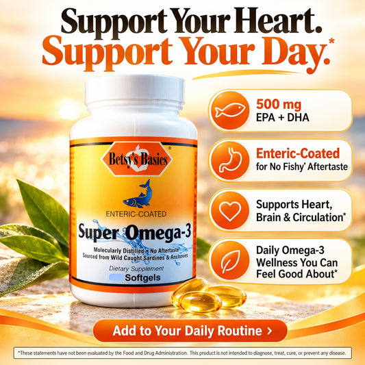 Betsys Basics Super Omega 3 enteric coated bottle on a sun-drenched background with softgels and callouts like No Fishy Aftertaste and Supports Heart Brain and Circulation