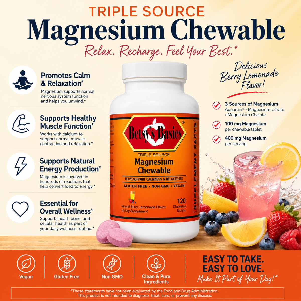 Triple Source Magnesium Chewable bottle with key selling points.