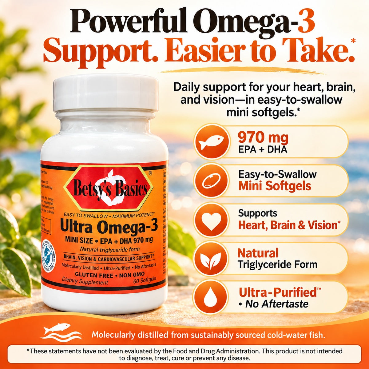 Betsys Basics Ultra Omega-3 Minis supplement bottle on a background with a blurred vision of the ocean and callouts like 970 mg EPA plus DHA and Natural Triglyceride Form