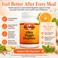 Betsy's Basics Ultra Veggie Enzymes dietary supplement bottle centered on a white background with marketing text, ingredient illustrations including ginger and citrus, and benefit callouts.