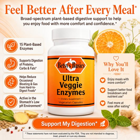 Betsy's Basics Ultra Veggie Enzymes dietary supplement bottle centered on a white background with marketing text, ingredient illustrations including ginger and citrus, and benefit callouts.
