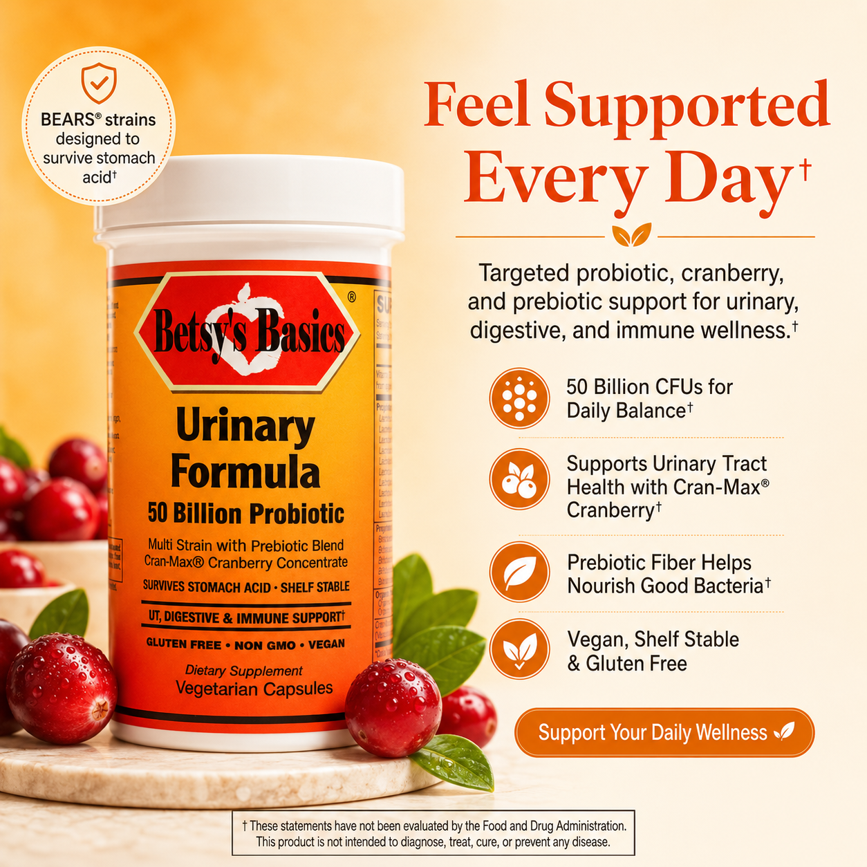A bottle of Betsy's Basics Urinary Formula probiotic capsules shown on a warm beige background with cranberries and promotional text. The bottle is white with a bright orange label, and the image includes marketing copy about urinary, digestive, and immune support.