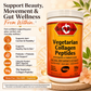 A bottle of Betsy's Basics Vegetarian Collagen Peptides supplement shown on a warm beige background with decorative floral elements and informational text on the left.