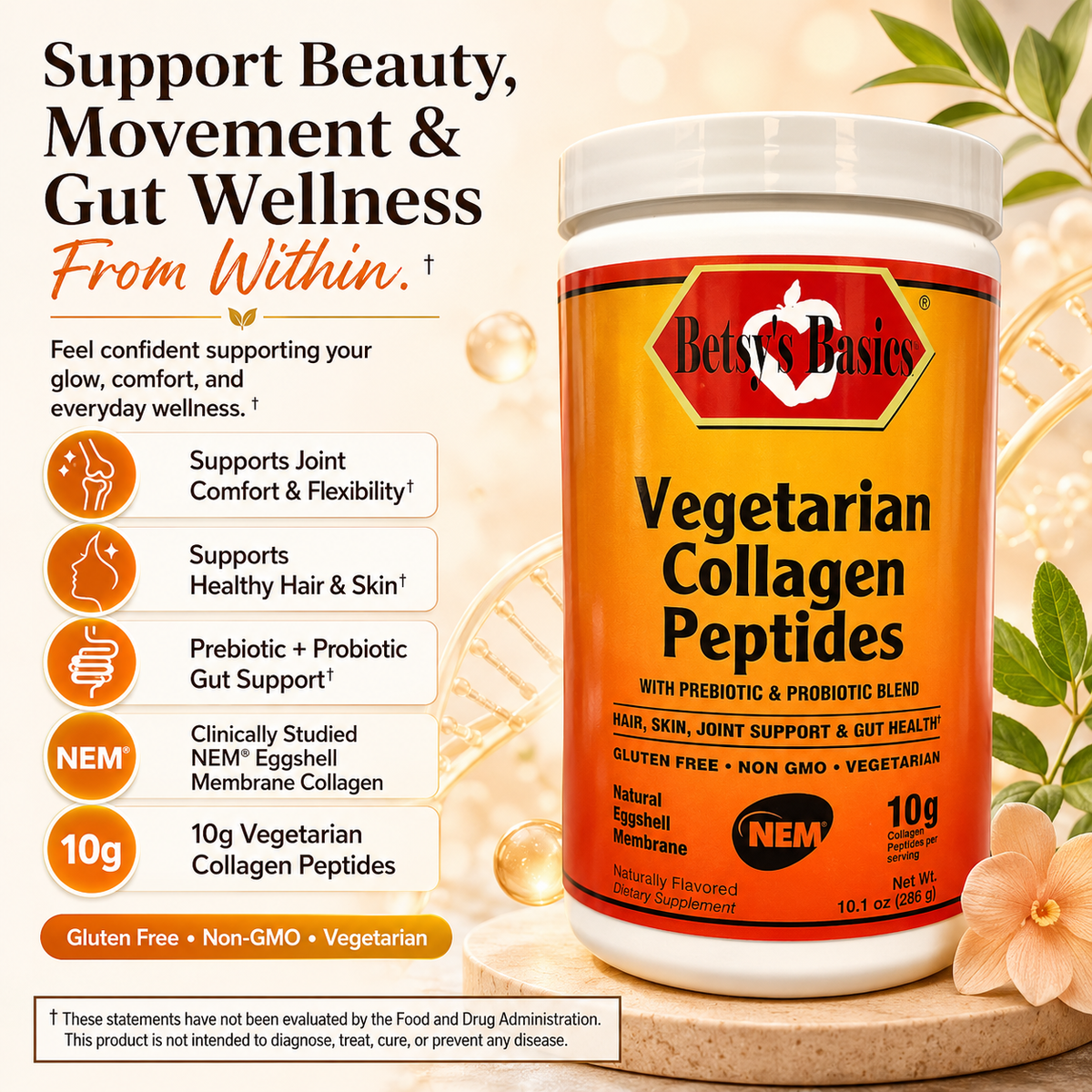 A bottle of Betsy's Basics Vegetarian Collagen Peptides supplement shown on a warm beige background with decorative floral elements and informational text on the left.