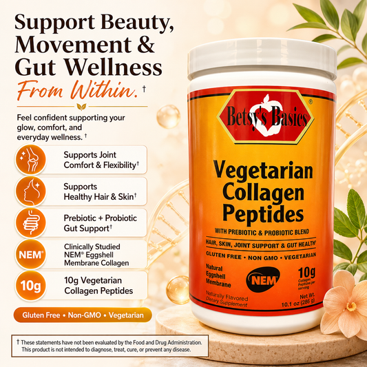 A bottle of Betsy's Basics Vegetarian Collagen Peptides supplement shown on a warm beige background with decorative floral elements and informational text on the left.