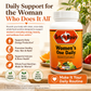 Betsy's Basics Women's One Daily Whole Food Multi-ingredient dietary supplement bottle, set against a warm kitchen background with fresh vegetables and text overlays detailing its benefits for women's health.