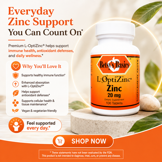 A bottle of Betty's Basics L-OptiZinc Zinc 20 mg dietary supplement tablets, displayed on a stone pedestal with a white background and promotional text overlays.