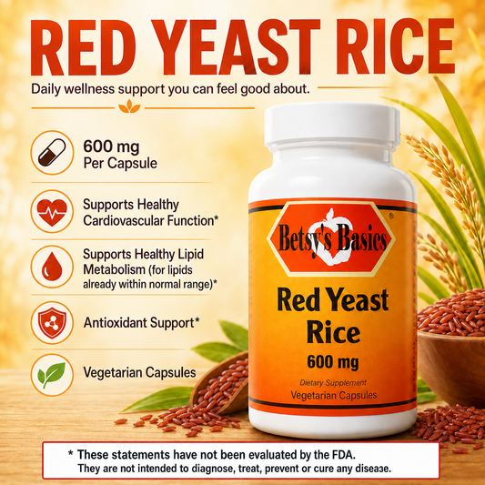 Bottle of Betsys Basics Red Yeast Rice 600 mg with key selling points on yellow background with red rice