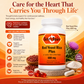 Betsy's Basics Red Yeast Rice Plus dietary supplement bottle with CoQ10, NAC, and Milk Thistle ingredients, set against a warm orange and beige background with heart graphics and text detailing product benefits.