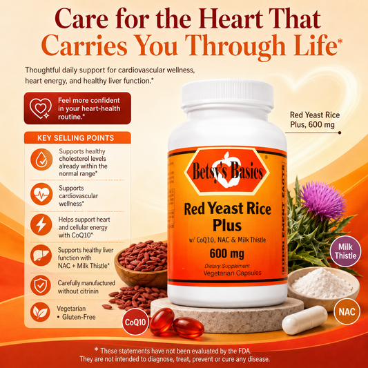 Betsy's Basics Red Yeast Rice Plus dietary supplement bottle with CoQ10, NAC, and Milk Thistle ingredients, set against a warm orange and beige background with heart graphics and text detailing product benefits.