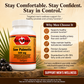 A bottle of Beti's Basics Saw Palmetto softgels shown on a warm beige promotional background with text callouts and icons about men's wellness support. The bottle is white with a red and gold label, and the scene includes decorative leaves and berries.