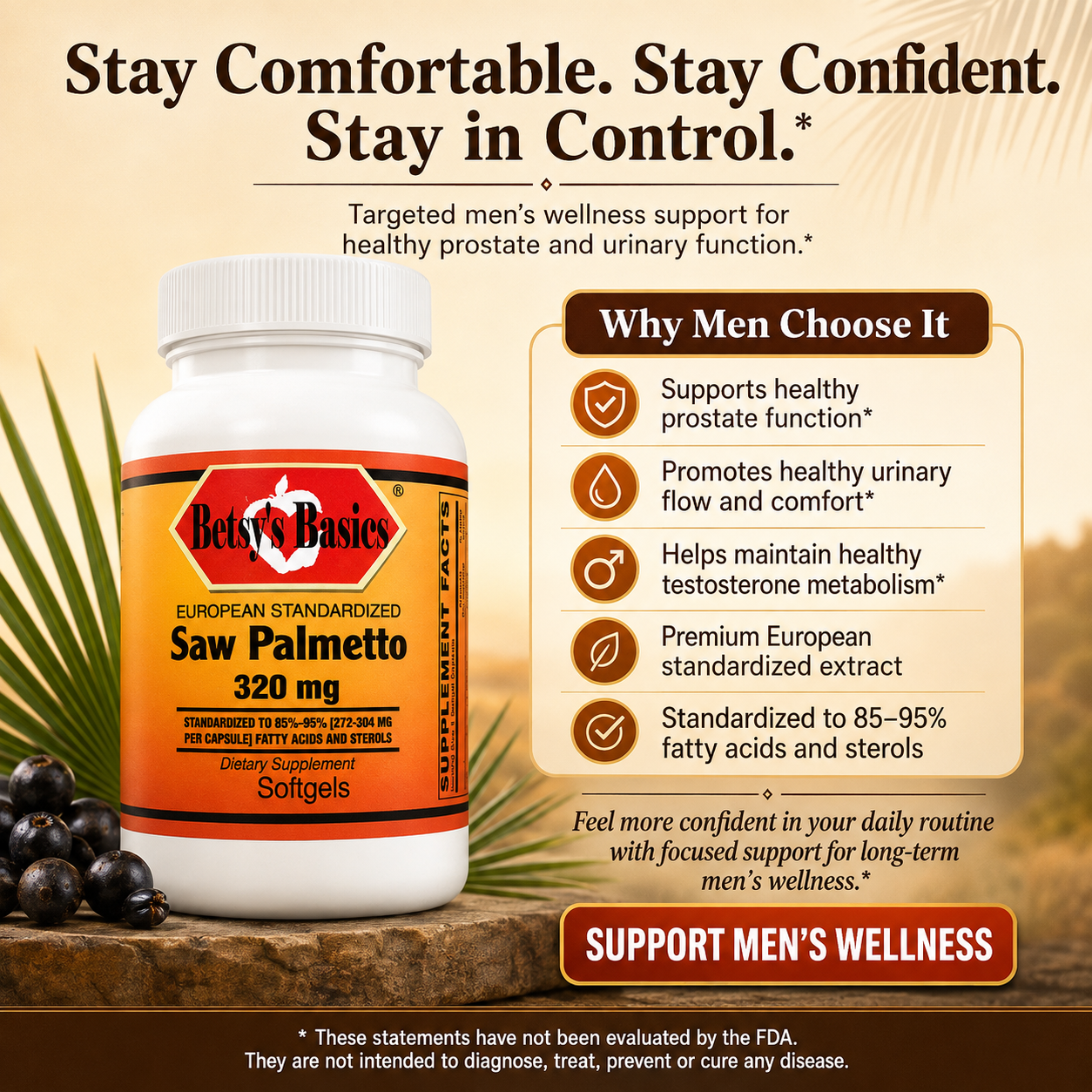 A bottle of Beti's Basics Saw Palmetto softgels shown on a warm beige promotional background with text callouts and icons about men's wellness support. The bottle is white with a red and gold label, and the scene includes decorative leaves and berries.