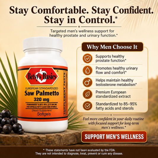 A bottle of Beti's Basics Saw Palmetto softgels shown on a warm beige promotional background with text callouts and icons about men's wellness support. The bottle is white with a red and gold label, and the scene includes decorative leaves and berries.