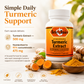 A bottle of Betsy's Basics Turmeric Extract capsules shown on a light background with turmeric roots, powder, and text describing the supplement benefits.