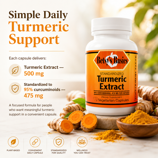 A bottle of Betsy's Basics Turmeric Extract capsules shown on a light background with turmeric roots, powder, and text describing the supplement benefits.