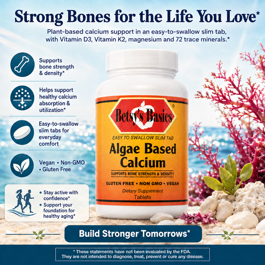 Betsy's Basics Algae Based Calcium dietary supplement bottle shown on a coral reef background with marketing text and icons on the left.