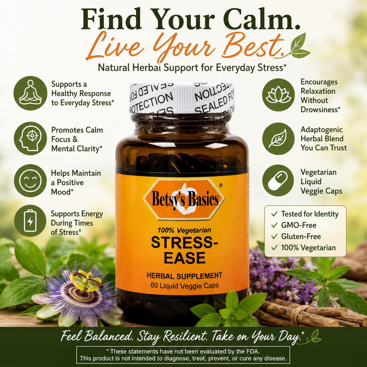 Betsys Basics Stress Ease bottle with key points of interest to live your best