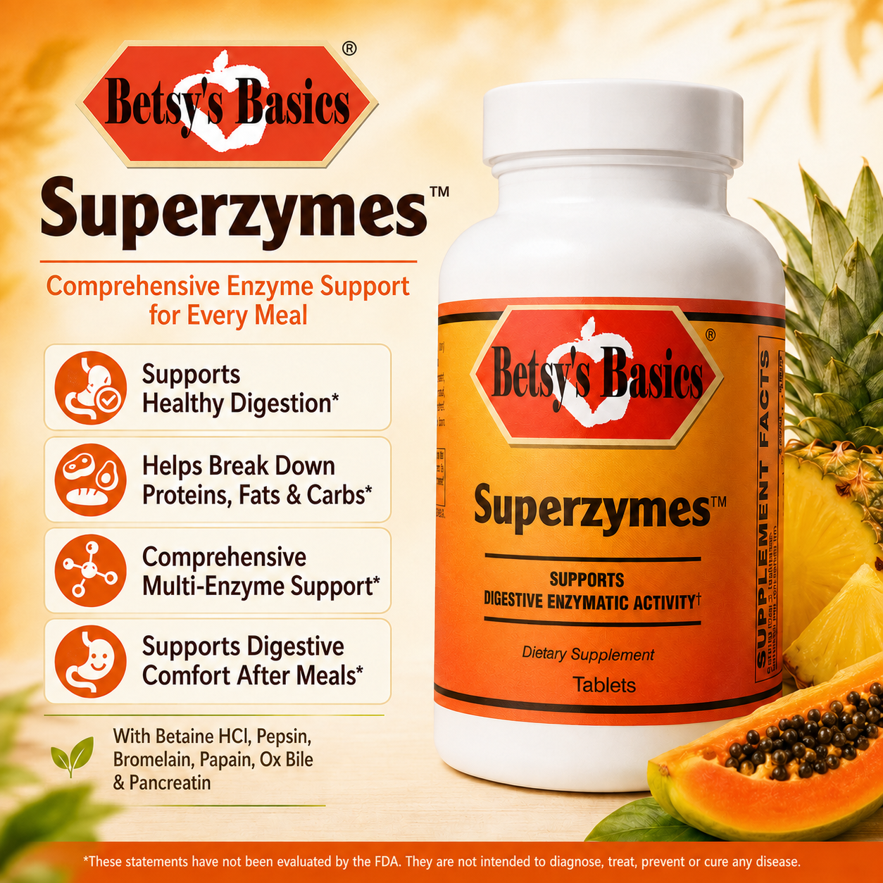 A bottle of Betsys Basics Superzymes Comprehensive Enzyme Support for Every Meal