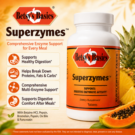 A bottle of Betsys Basics Superzymes Comprehensive Enzyme Support for Every Meal