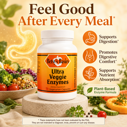 A bottle of Betsy's Basics Ultra Veggie Enzymes dietary supplement displayed on a pedestal, surrounded by fresh vegetables and digestive benefit icons, with the headline 'Feel Good After Every Meal'.