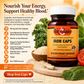 Betsy's Basics Iron Caps supplement bottle shown on a wooden surface with tomatoes and green beans, alongside marketing text and icons about iron benefits.