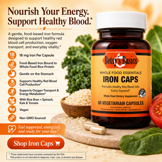 Betsy's Basics Iron Caps supplement bottle shown on a wooden surface with tomatoes and green beans, alongside marketing text and icons about iron benefits.