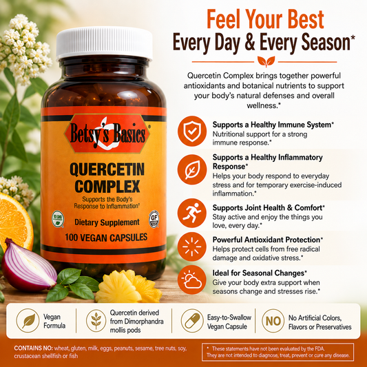 A bottle of Betsys Basics Quercetin Complex on a white and green backdrop with key features