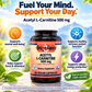 Acetyl l carnitine supplement bottle, dark glass bottle, on a background of mountains and trees and sunshine. With key selling points.