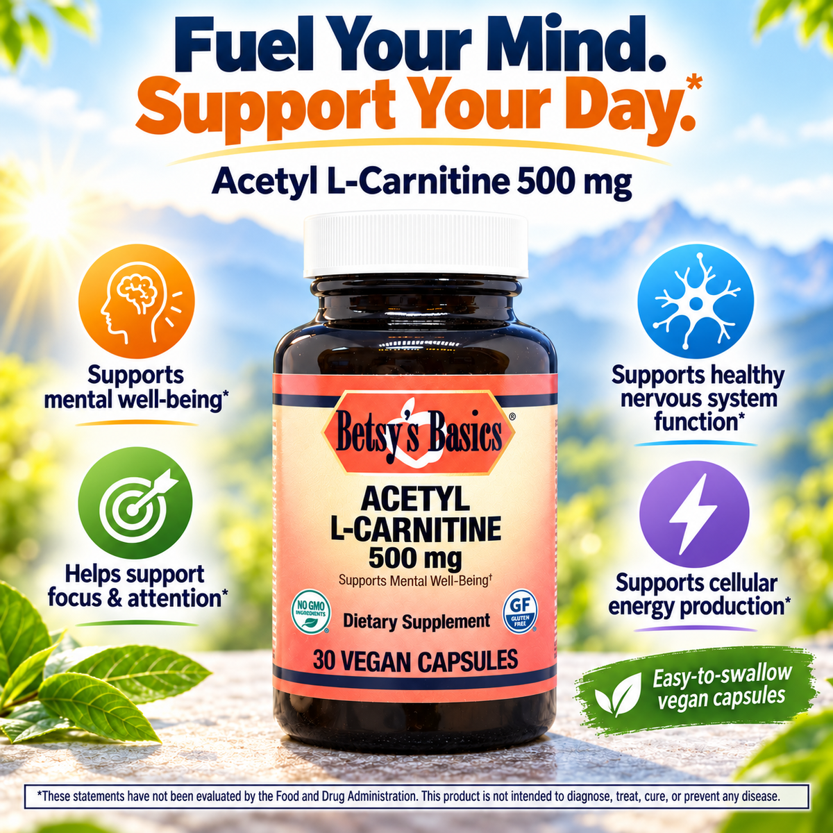 Acetyl l carnitine supplement bottle, dark glass bottle, on a background of mountains and trees and sunshine. With key selling points.