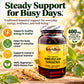 A bottle of Betsy's Basics American Ginseng herbal supplement shown on a styled background with green leaves, ginseng roots, and text callouts about energy, body support, mental stamina, and gluten-free quality.