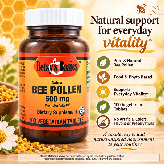 A bottle of Betsy's Basics Bee Pollen 500 mg dietary supplement, 100 vegetarian tablets, shown on a warm honey-themed background with text highlighting natural support for everyday vitality.