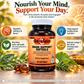 Glass supplement bottle with softgels, herbs, and other greenery in the background, along with an image of a brain with key selling points