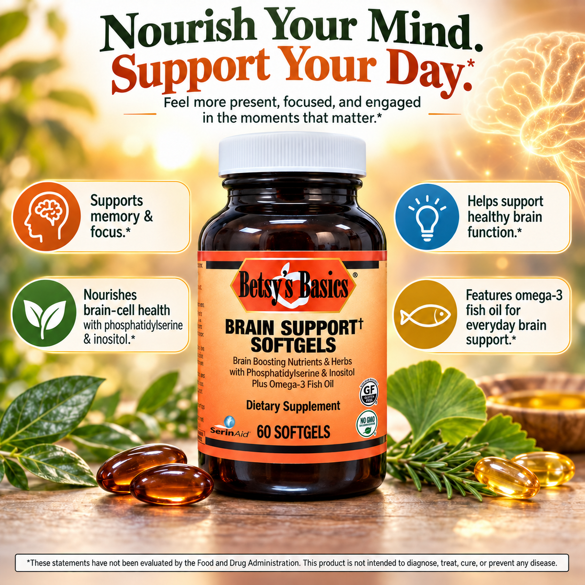 Glass supplement bottle with softgels, herbs, and other greenery in the background, along with an image of a brain with key selling points