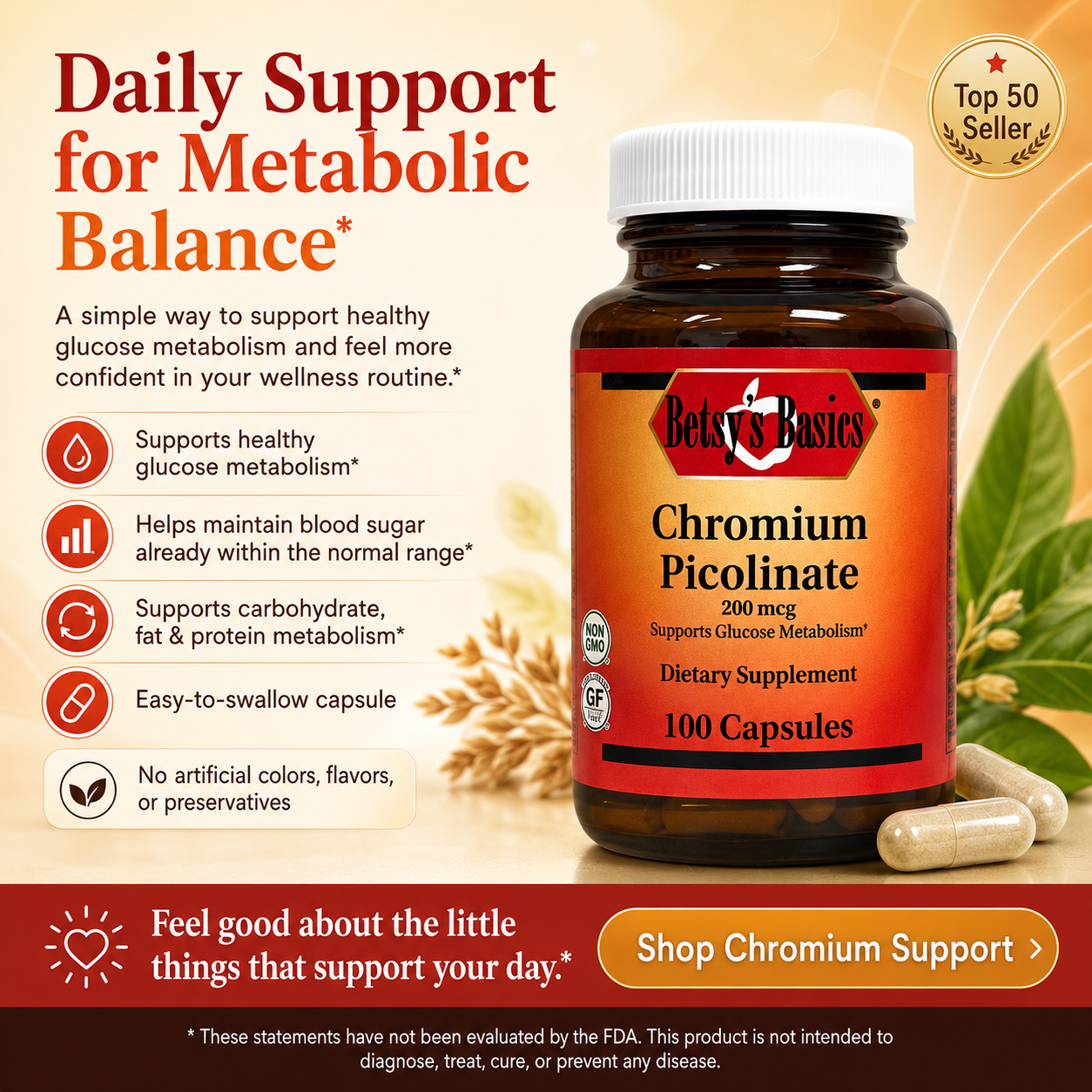 A bottle of Belvés Basics Chromium Picolinate dietary supplement with a white cap and amber-brown bottle, shown alongside capsules and wheat on a warm beige background with promotional text.