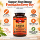 supplement bottle of amber glass with label for Betsy's Basics Vitamins D3 & K2 product on pale background with key selling points on either side of the supplement bottle