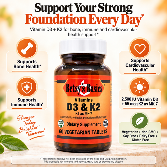 supplement bottle of amber glass with label for Betsy's Basics Vitamins D3 & K2 product on pale background with key selling points on either side of the supplement bottle