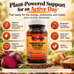 A bottle of Betsy's Basics Fermented Beet with Maca dietary supplement centered on a promotional graphic with beet roots, a wooden bowl of powder, and text callouts about benefits like physical performance, energy, cardiovascular health, and digestive support.