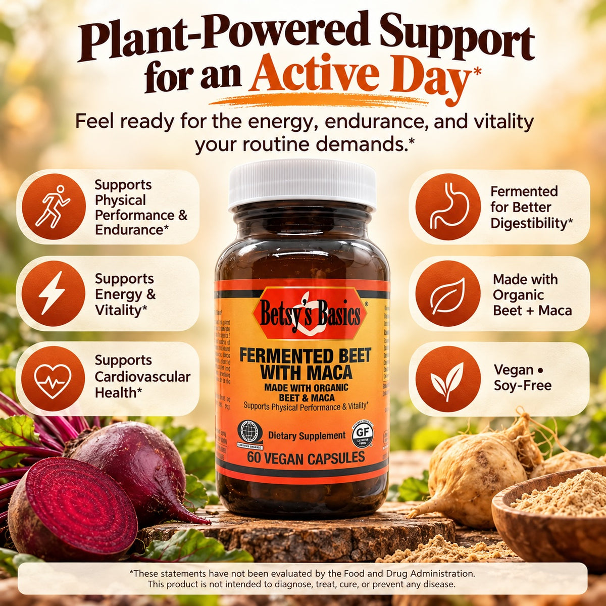A bottle of Betsy's Basics Fermented Beet with Maca dietary supplement centered on a promotional graphic with beet roots, a wooden bowl of powder, and text callouts about benefits like physical performance, energy, cardiovascular health, and digestive support.