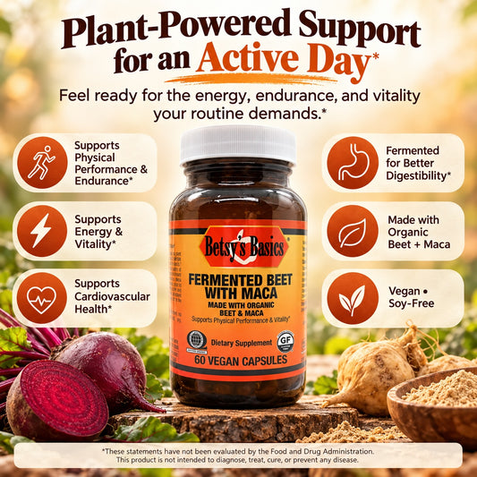 A bottle of Betsy's Basics Fermented Beet with Maca dietary supplement centered on a promotional graphic with beet roots, a wooden bowl of powder, and text callouts about benefits like physical performance, energy, cardiovascular health, and digestive support.