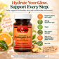 An amber glass bottle of Betsy's Basics Hyaluronic Acid 100 mg with oranges and ginger in the background. Key selling points on the right.