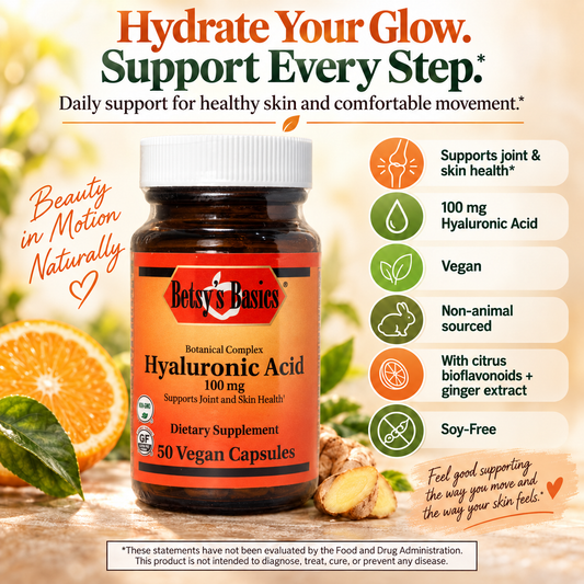 An amber glass bottle of Betsy's Basics Hyaluronic Acid 100 mg with oranges and ginger in the background. Key selling points on the right.