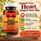 Betsy's Basics Healthy Blood Pressure Support dietary supplement bottle with a white cap and orange label, shown on a warm olive-green background with olives and promotional text about heart support and cardiovascular wellness.