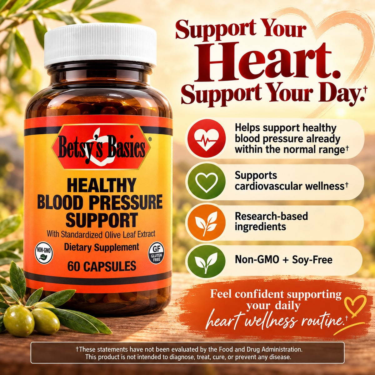 Betsy's Basics Healthy Blood Pressure Support dietary supplement bottle with a white cap and orange label, shown on a warm olive-green background with olives and promotional text about heart support and cardiovascular wellness.