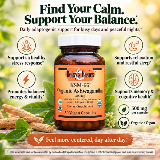 Betsy's Basics KSM-66 Organic Ashwagandha dietary supplement bottle shown on a styled background with herbs, leaves, and promotional text callouts about stress, sleep, memory, and overall balance.