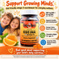 Betsy's Basics Kids DHA chewable softgels bottle shown on a colorful promotional graphic with children, oranges, and feature callouts for omega-3 support for growing minds.
