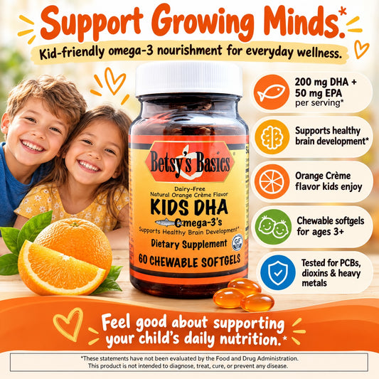 Betsy's Basics Kids DHA chewable softgels bottle shown on a colorful promotional graphic with children, oranges, and feature callouts for omega-3 support for growing minds.